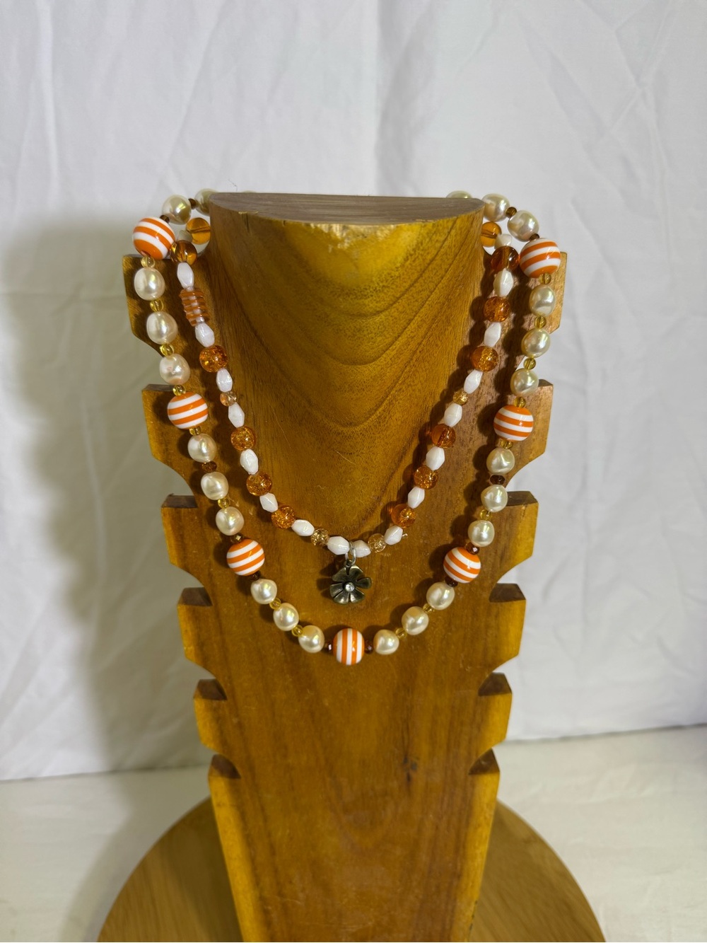 Handmade Orange White Beaded Necklace Faux Pearl Flower Charm Layered Boho New
